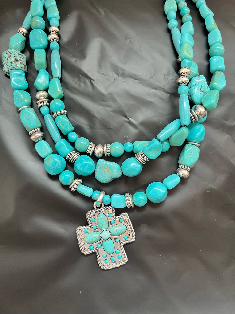 Turquoise Multi-Strand Stone Necklace with Cross Pendant - Chico's - Picture 3 of 5